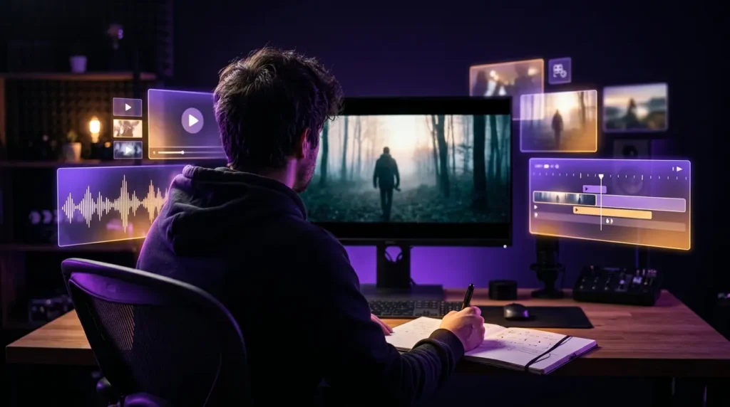 Créateur de dos qui regarde une vidéo complète et prend des notes pour juger le portfolio d’un monteur vidéo YouTube