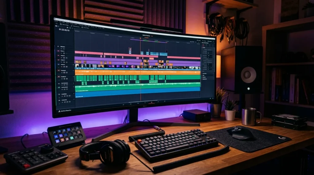 Bureau de monteur vidéo le soir, timeline de montage colorée à l’écran