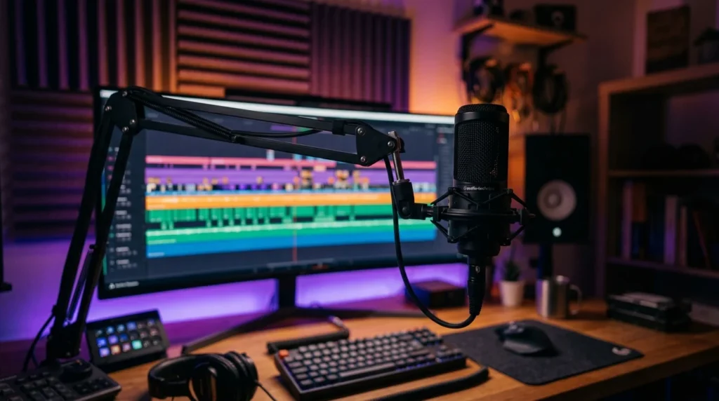 Micro de studio sur bras articulé devant un bureau de youtubeur