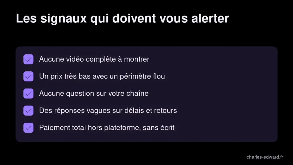Liste des signaux d’alerte avant de choisir un monteur vidéo YouTube : pas de vidéo complète, prix flou, aucune question