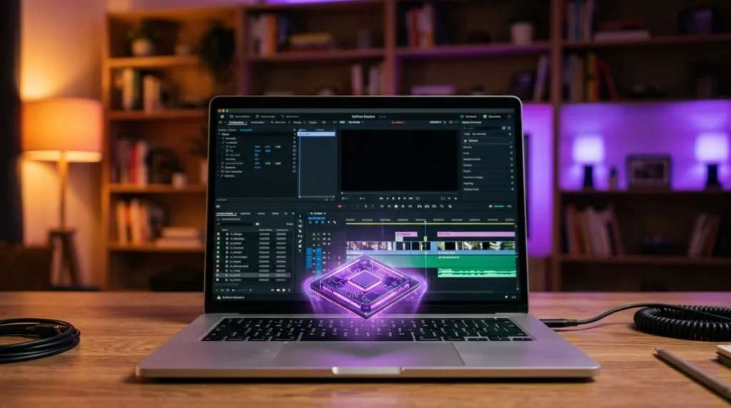 Ordinateur portable avec un logiciel de montage à l’écran et une puce lumineuse au-dessus du clavier