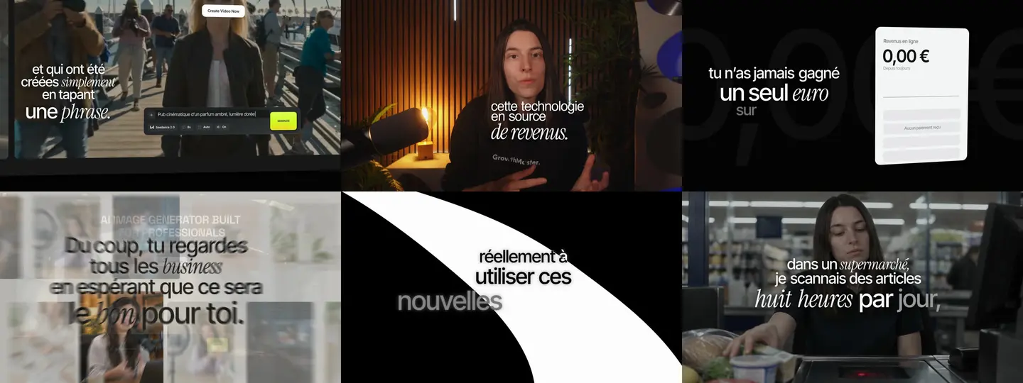 Six images de la VSL de Clara : vidéo IA sous-titrée, sous-titres cinétiques, cartes d’interface, panneau éditorial, transition et récit illustré
