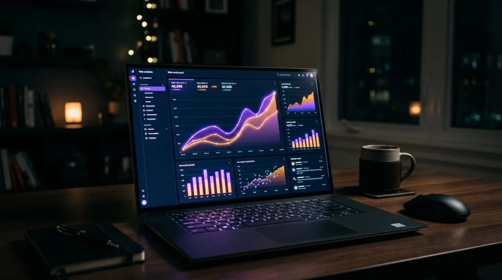 Tableau de bord d’analyse de trafic web avec des courbes en hausse