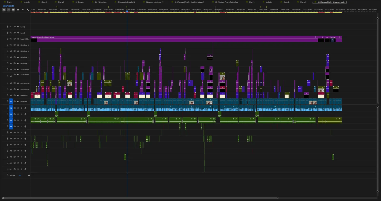 Timeline Premiere Pro du montage YouTube finance : 13 pistes vidéo, 11 pistes audio, interview découpée en 206 morceaux