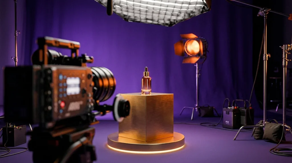 Tournage d’une vidéo publicitaire produit en studio, caméra cinéma au premier plan