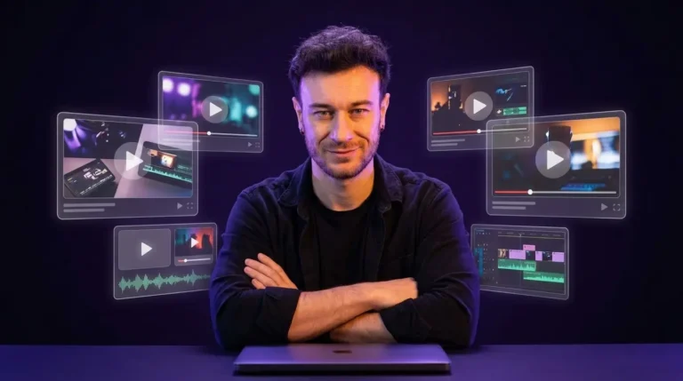 Charles-Edward, monteur vidéo YouTube freelance, bras croisés à son bureau, entouré de vignettes vidéo qui flottent autour de lui