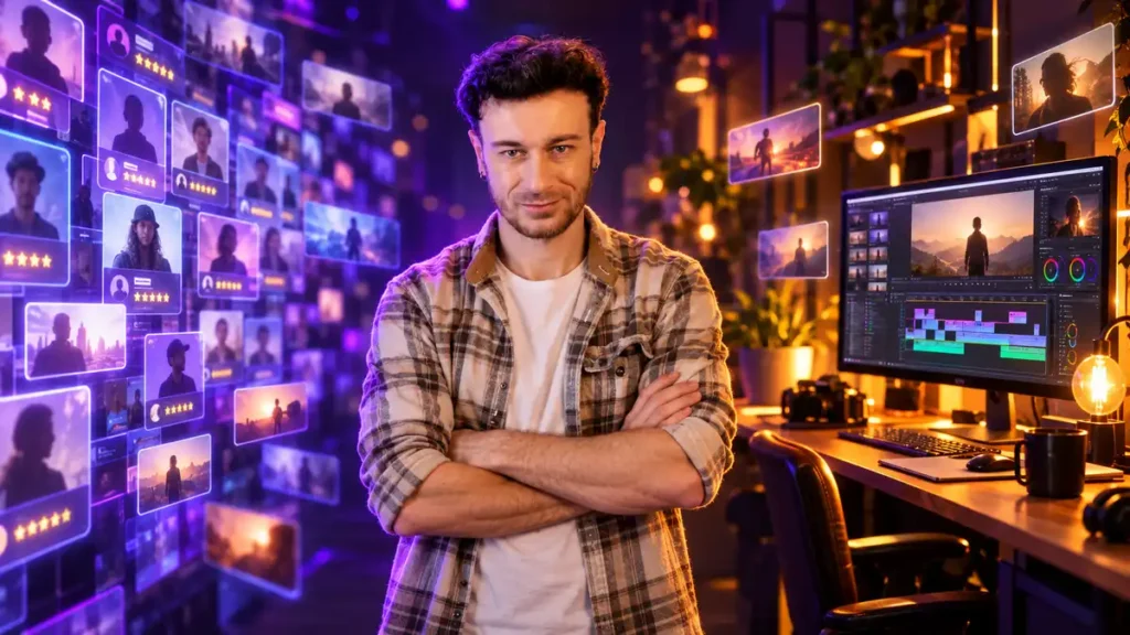 Charles-Edward, monteur vidéo freelance, entre une plateforme de freelances et une collaboration en direct à son bureau de montage