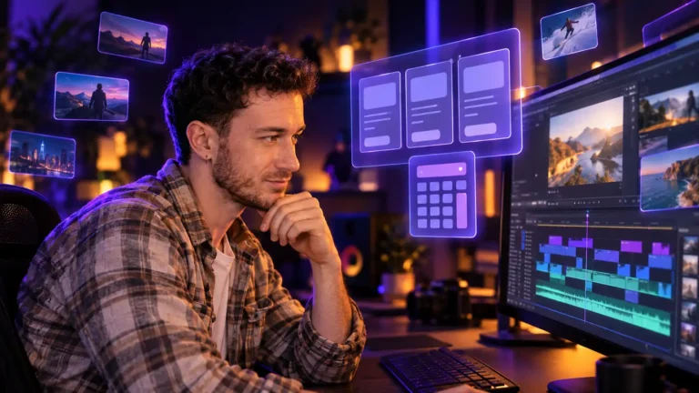 Charles-Edward, monteur vidéo YouTube freelance, réfléchit au tarif d’un montage devant sa timeline et des cartes de prix holographiques