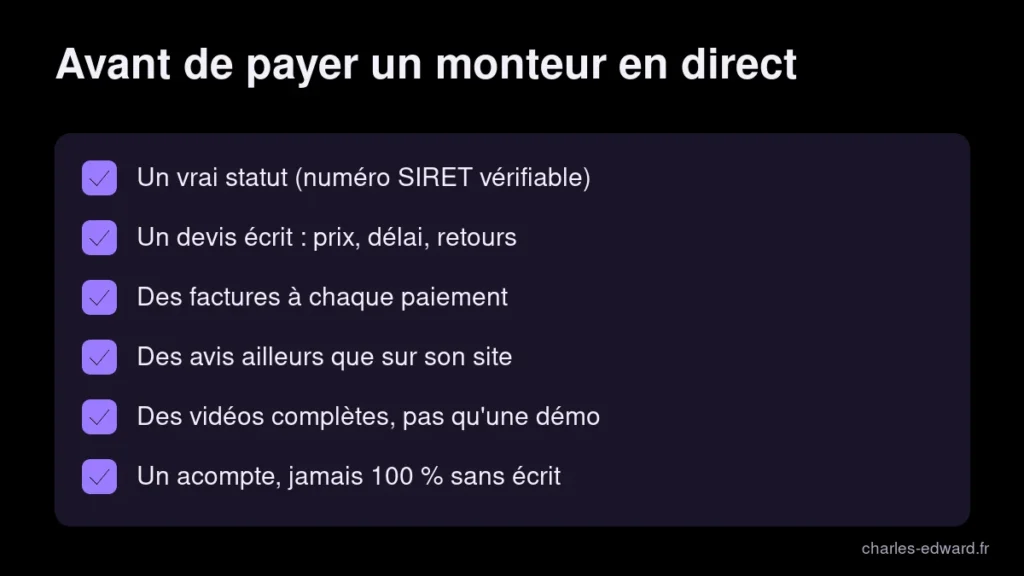 Checklist pour vérifier un monteur vidéo freelance avant de payer en direct : SIRET, devis écrit, factures, avis et vidéos complètes